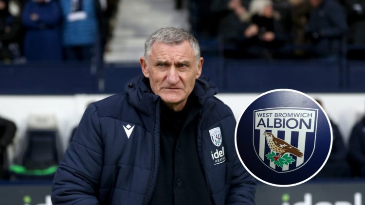 Tony Mowbray, Head Coach of West Bromwich Albion, looking on during a Sky Bet Championship match, with an inset of the West Brom badge.