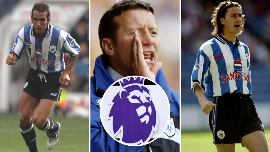 Three-way split image of Sheffield Wednesday's Paolo Di Canio, Danny Wilson, and Benito Carbone. Inset, Premier League badge.