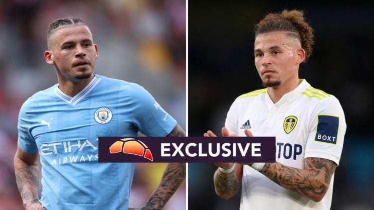 Split image of Kalvin Phillips during a Premier League match, with one side showing him playing for Manchester City and the other showing him looki...