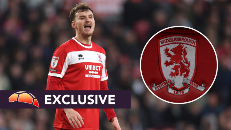 EFL Exclusive Rav van den Berg looking on with an inset featuring the Middlesbrough badge.