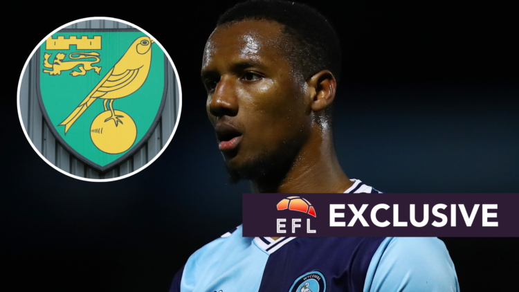 Wycombe Wanderers striker Richard Kone. Inset, Norwich City badge. Overlaid, EFL Analysis exclusive branding.