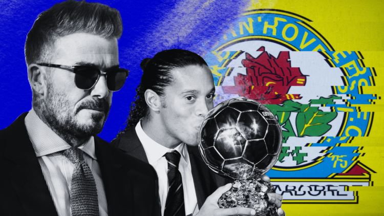 Composite image of David Beckham, Ronaldinho and the Blackburn Rovers badge