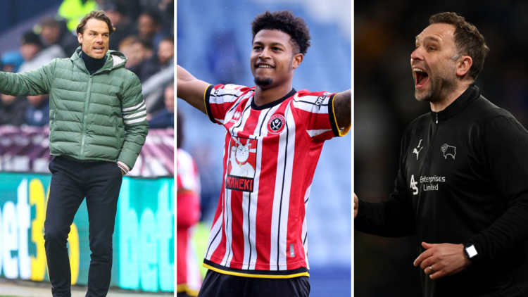 Split image of Burnley's Scott Parker, Sheffield United's Rhian Brewster, and Derby County's John Eustace.
