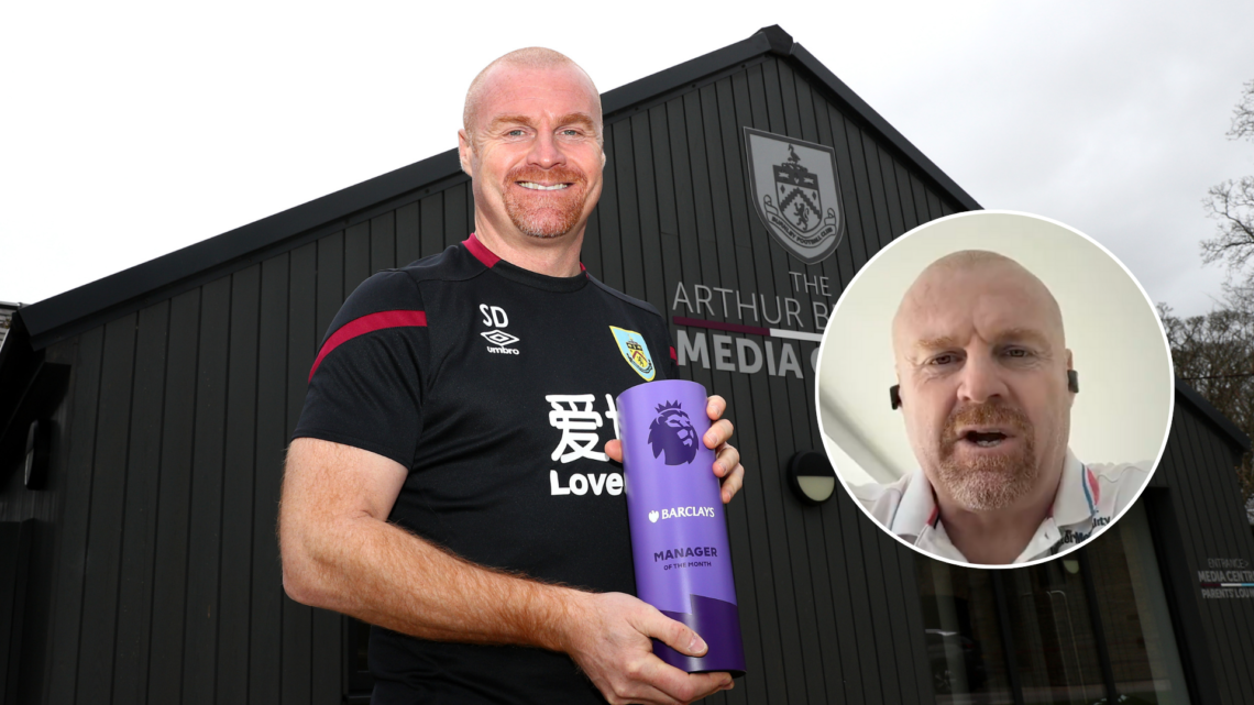 Sean Dyche is presented with the Premier League Manager of the Month award for February at Burnley FC Training ground Gawthorpe on March 12, 2020 i...