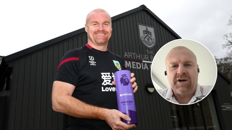 Sean Dyche is presented with the Premier League Manager of the Month award for February at Burnley FC Training ground Gawthorpe on March 12, 2020 i...