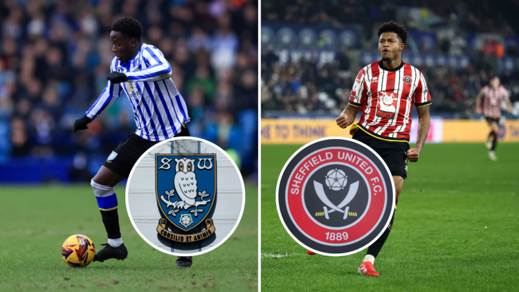 Split image of Sheffield Wednesday's Djeidi Gassama and Sheffield United's Rhian Brewster. Inset, Sheffield Wednesday and Sheffield United logos.