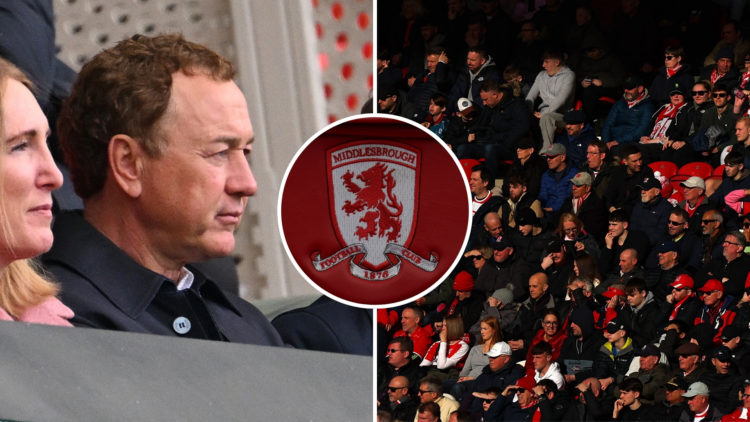Split image with a central inset: Steve Gibson, Middlesbrough owner (left), looks on from the stands; Middlesbrough fans watching during a match (r...