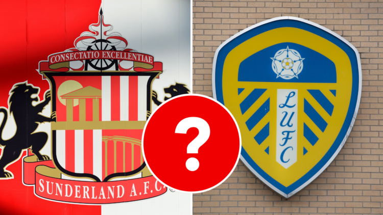 Split image of Sunderland badge and Leeds United badge. Inset, question mark graphic.