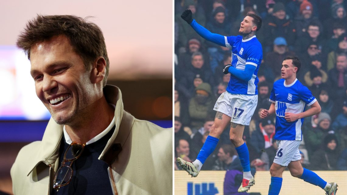 Split image of Tom Brady minority owner of Birmingham City ahead of the Sky Bet League One match between Birmingham City FC and Wrexham AFC at St A...
