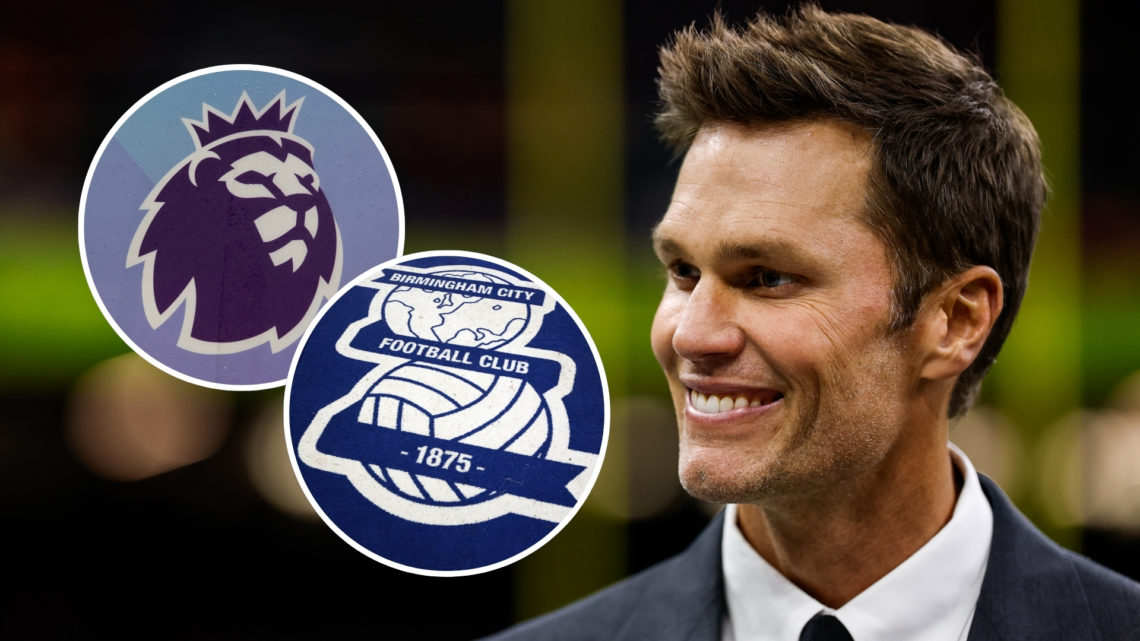 Retired football player and Fox Sports analyst Tom Brady looks on prior to Super Bowl LIX with two insets of Detailed view of the Birmingham City c...