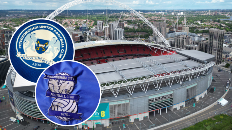 An aerial view taken on May 29, 2024, shows branding being attached to the outside of Wembley Stadium. Insets, Birmingham City flag, Peterborough U...