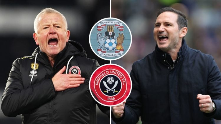 Split image of Coventry City manager Frank Lampard celebrating and Sheffield United Manager Chris Wilder with two insets of the Sheffield United ba...