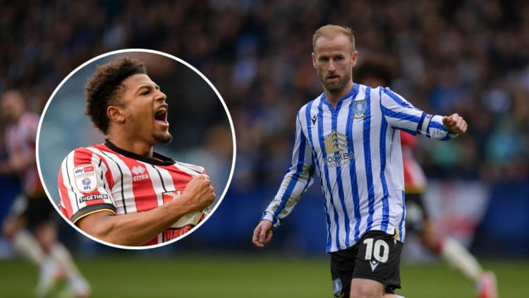 Barry Bannan of Sheffield Wednesday plays during a Sky Bet Championship match, with an inset of Rhian Brewster celebrating.