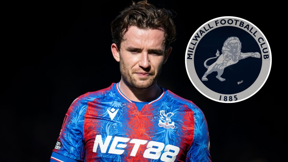 Ben Chilwell of Crystal Palace looks on during an Emirates FA Cup match, with an inset of a Millwall FC badge