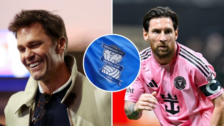 Split image of Tom Brady, minority owner of Birmingham City (left), and Lionel Messi (right), with the Birmingham City badge in the centre.