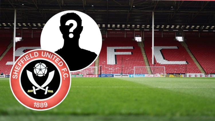 Sheffield United's stadium, Bramall Lane, with an inset of the Sheffield United badge and a mystery player silhouette.