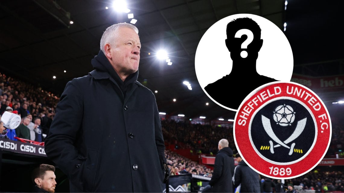 Chris Wilder looking on during a match, with two insets featuring a mystery player silhouette and the Sheffield United badge.