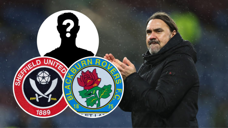 Daniel Farke applauds the fans, with three insets featuring the Sheffield United badge, Blackburn Rovers badge, and a mystery player silhouette.