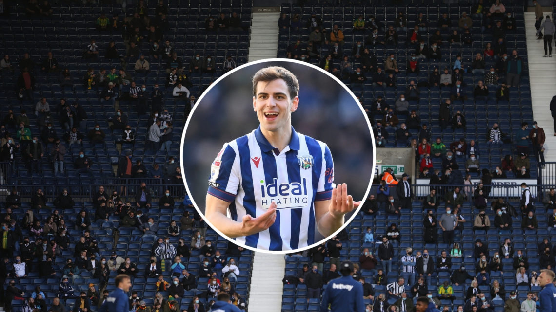 An image of The Hawthorns stadium appearing half empty, with an inset of Jayson Molumby.