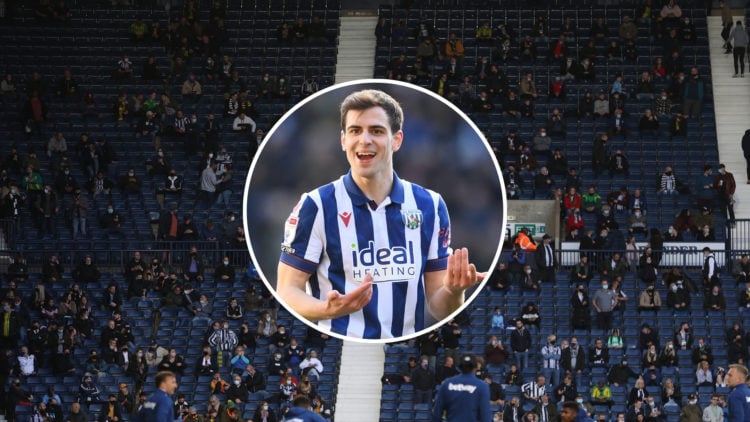 An image of The Hawthorns stadium appearing half empty, with an inset of Jayson Molumby.