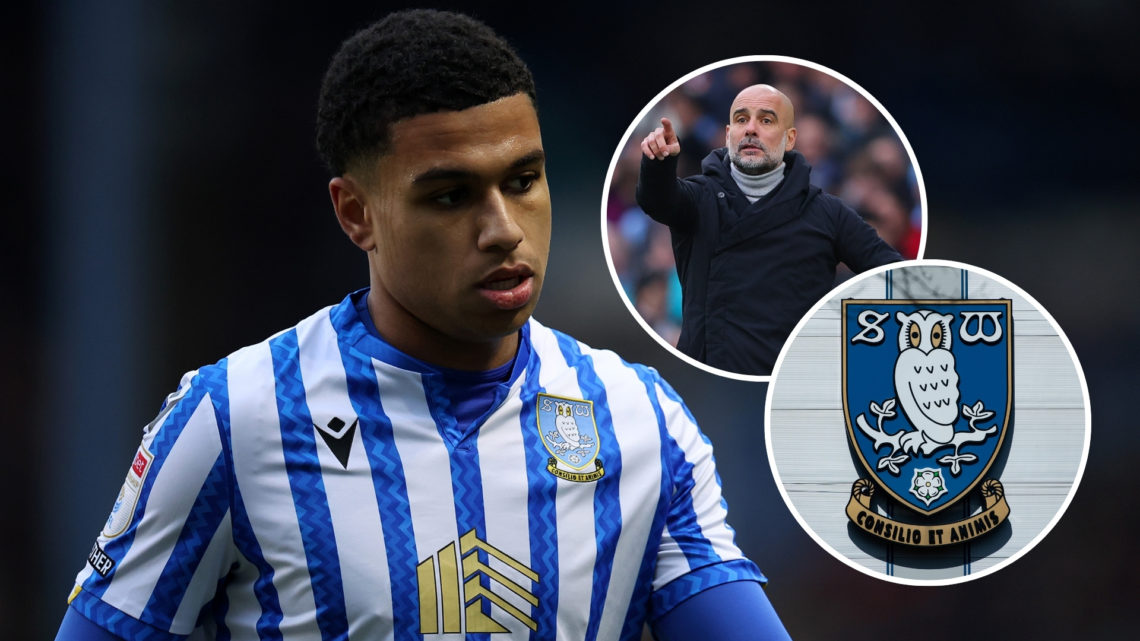 Sheffield Wednesday's Shea Charles with insets of the Sheffield Wednesday badge and Pep Guardiola.