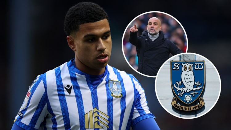 Sheffield Wednesday's Shea Charles with insets of the Sheffield Wednesday badge and Pep Guardiola.