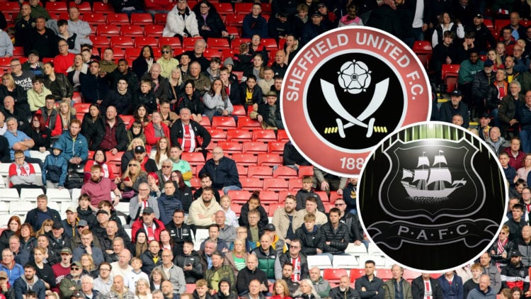 Sheffield United fans watch on, frustrated and losing, with empty seats left after conceding, with two insets featuring the Sheffield United badge ...
