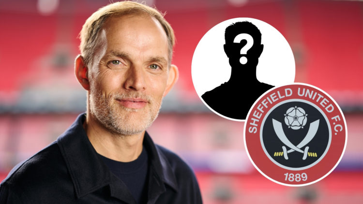 Thomas Tuchel poses for a photo as he is announced as the new England manager, with two insets featuring the Sheffield United badge and a mystery p...