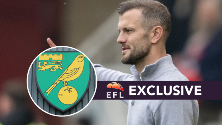 Norwich City caretaker manager Jack Wilshere. Inset, Norwich City badge. Overlaid, exclusive branding.