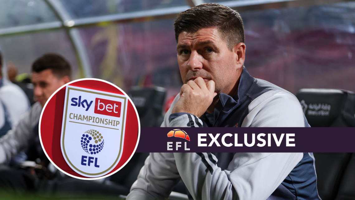Steven Gerrard at King Abdualaziz Sport City Stadium. Inset, Sky Bet Championship logo. Overlaid, exclusive branding.