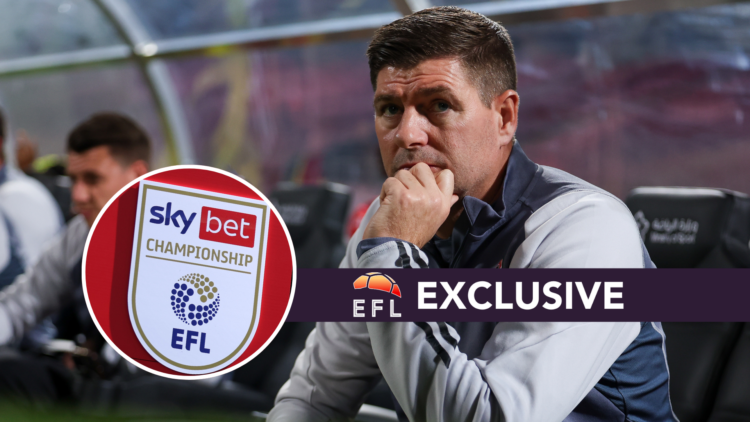 Steven Gerrard at King Abdualaziz Sport City Stadium. Inset, Sky Bet Championship logo. Overlaid, exclusive branding.