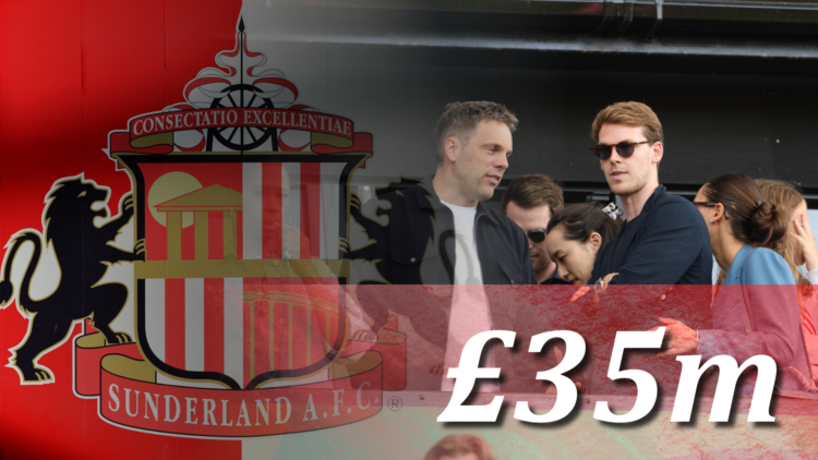 Kyril Louis-Dreyfus and the Sunderland badge with '£35m' wordage