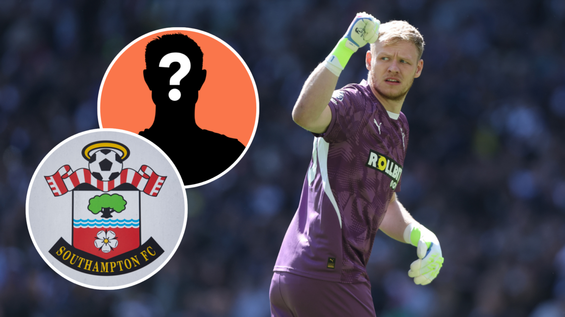 Southampton goalkeeper Aaron Ramsdale. Inset, Southampton badge and a mystery player graphic.