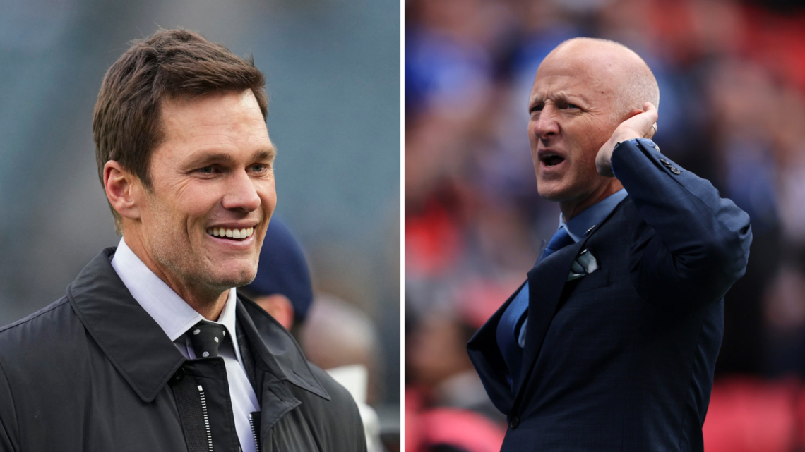 Split image, (L) Tom Brady reacts prior to the game between the Pittsburgh Steelers and Philadelphia Eagles at Lincoln Financial Field (R) Tom Wagn...