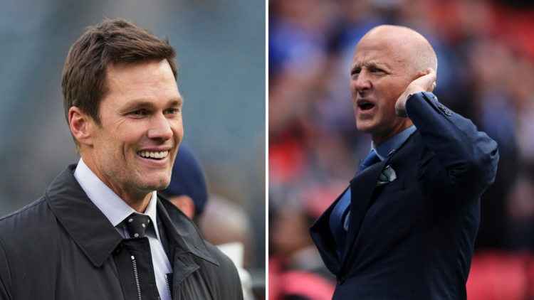Split image, (L) Tom Brady reacts prior to the game between the Pittsburgh Steelers and Philadelphia Eagles at Lincoln Financial Field (R) Tom Wagn...