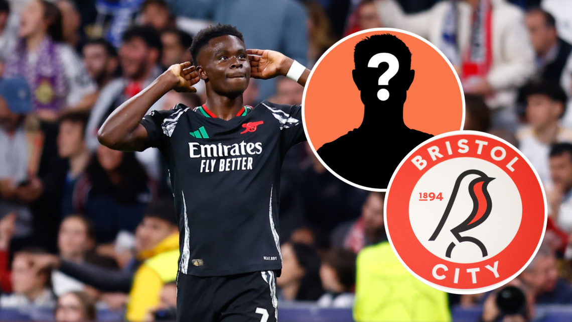 Arsenal's Bukayo Saka. Inset, Bristol City badge and mystery player graphic.