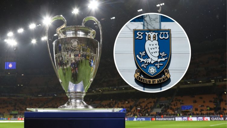 An image of the Champions League trophy with an inset of the Sheffield Wednesday badge.