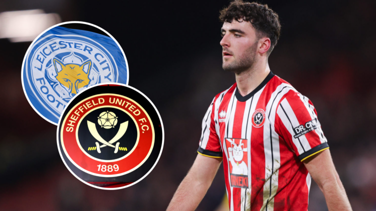 Tom Cannon of Sheffield United during the Sky Bet Championship match between Sheffield United FC and Leeds United FC. Insets, Sheffield United badg...