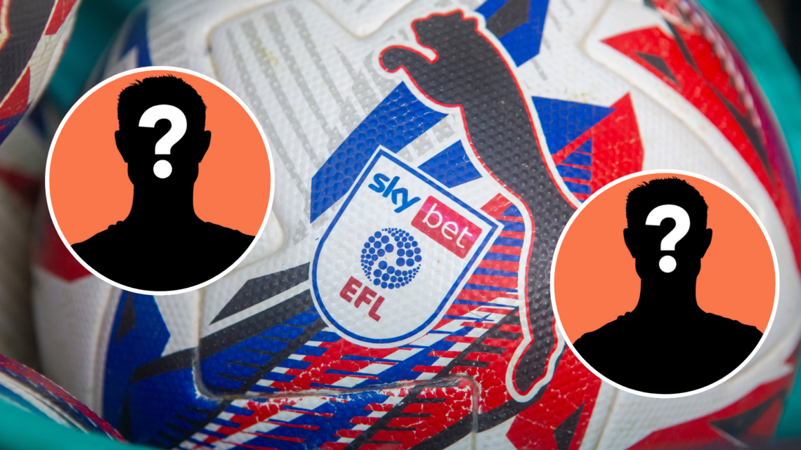 Composition image of Sky Bet Championship ball. Inset, two mystery player graphics.