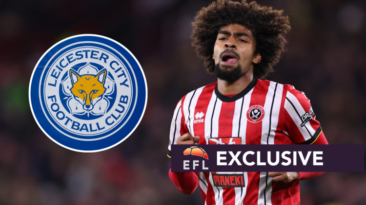 Hamza Choudhury of Sheffield United during the Sky Bet Championship match between Sheffield United FC and Coventry City. Insets, Leicester City bad...
