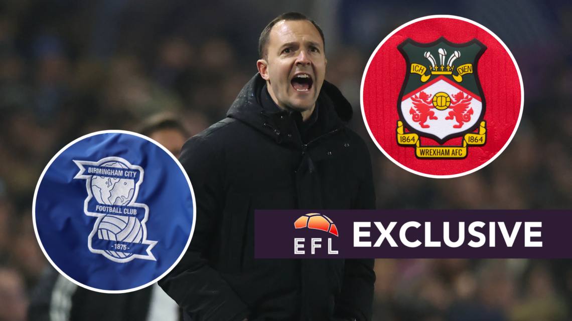 Birmingham City manager Chris Davies. Inset, Wrexham badge and Birmingham badge. Overlaid, exclusive branding.