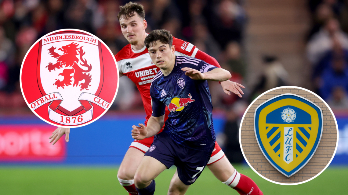 Rav van den Berg and Dan James. Inset, Middlesbrough badge and Leeds United badge.