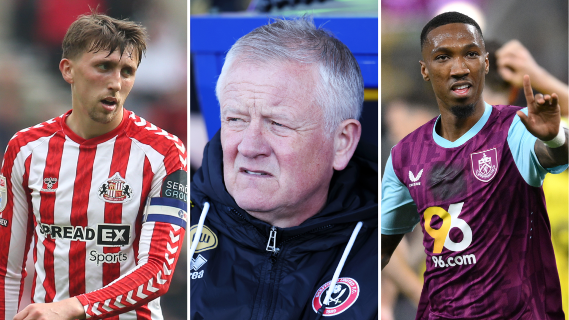 Three-way split image of Sunderland's Dan Neil, Sheffield United's Chris Wilder, and Burnley's Jaidon Anthony.