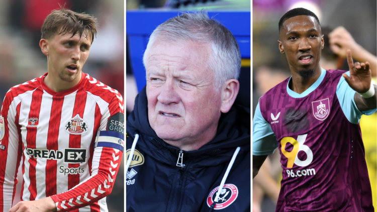 Three-way split image of Sunderland's Dan Neil, Sheffield United's Chris Wilder, and Burnley's Jaidon Anthony.