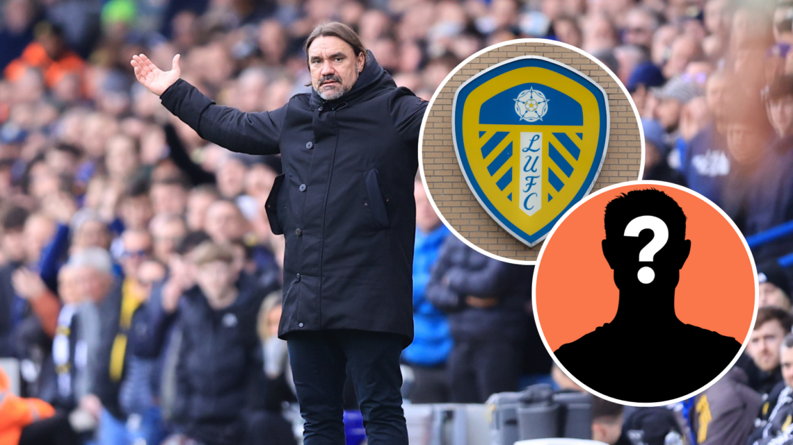 Leeds United manager Daniel Farke. Inset, Leeds United badge and mystery player graphic.