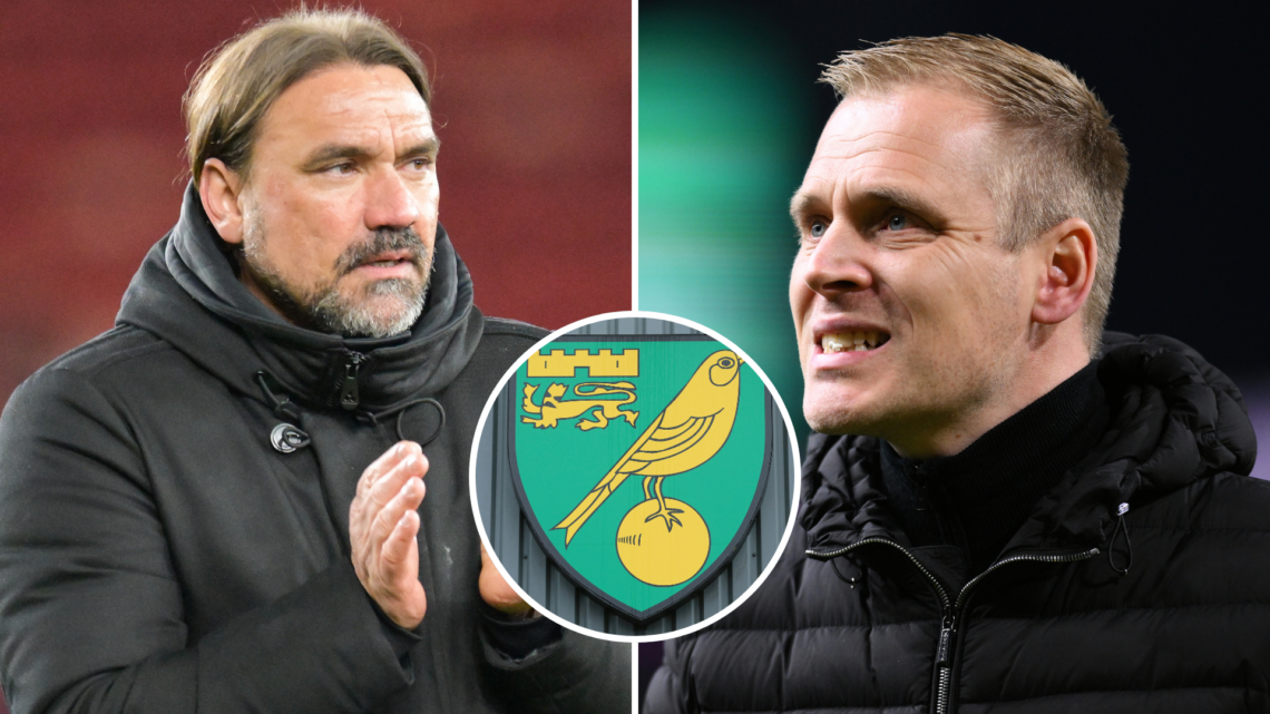 Split image of Leeds United manager Daniel Farke and Norwich City manager Johannes Hoff Thorup. Inset, Norwich City badge.