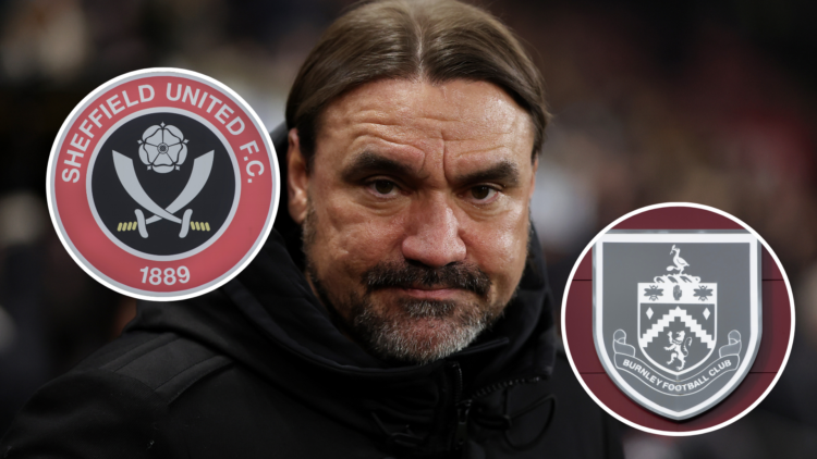 Leeds United manager Daniel Farke. Inset, Sheffield United and Burnley badges.