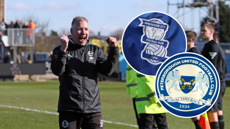 Peterborough United manager Darren Ferguson. Inset, Birmingham City badge and Peterborough United badge.