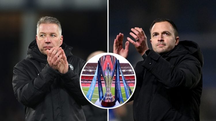 Split image of: Darren Ferguson, Manager of Peterborough United, applauds the fans after the Emirates FA Cup Third Round match between Everton and ...