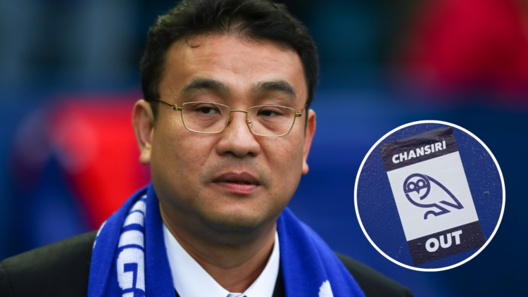 Sheffield Wednesday chairman Dejphon Chansiri. Inset, a Chansiri Out sticker.